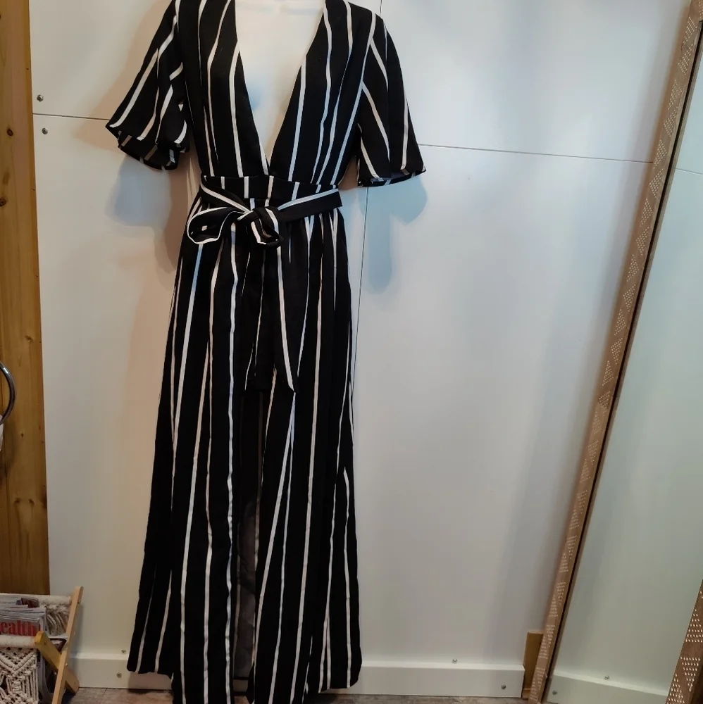 Black White Striped Maxi Dress Romper S Plunge Tie Waist Open Back